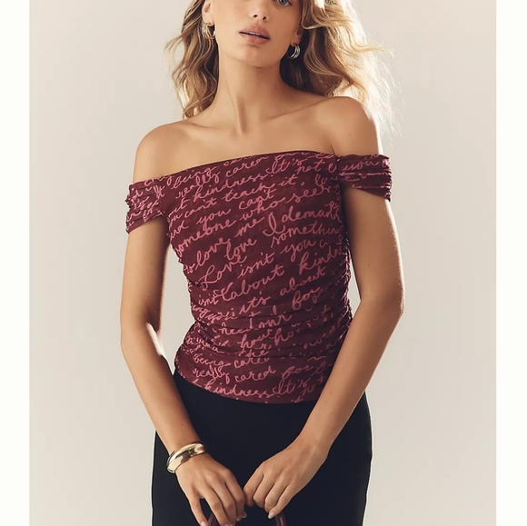 ANTHROPOLOGIE Off-Shoulder Burgundy Top with Script Print - Picture 2 of 5